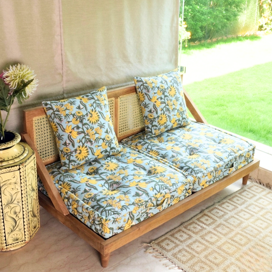 Jaipur Print Urban Escape Rattan Floor Sofa Long Seat In Solid Wood