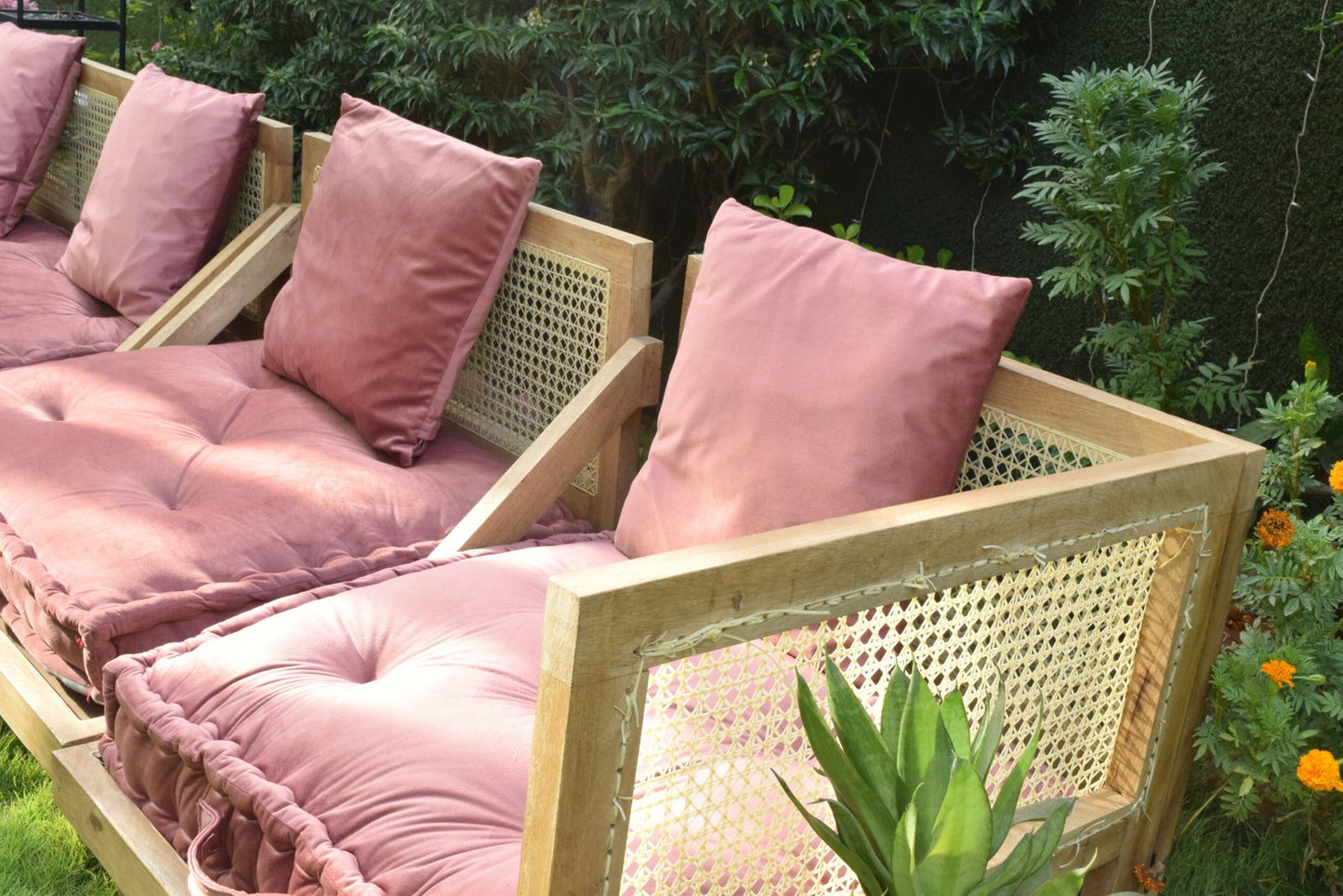 Urban Escape Rattan Velvet Floor Seating Sofa In Solid Wood