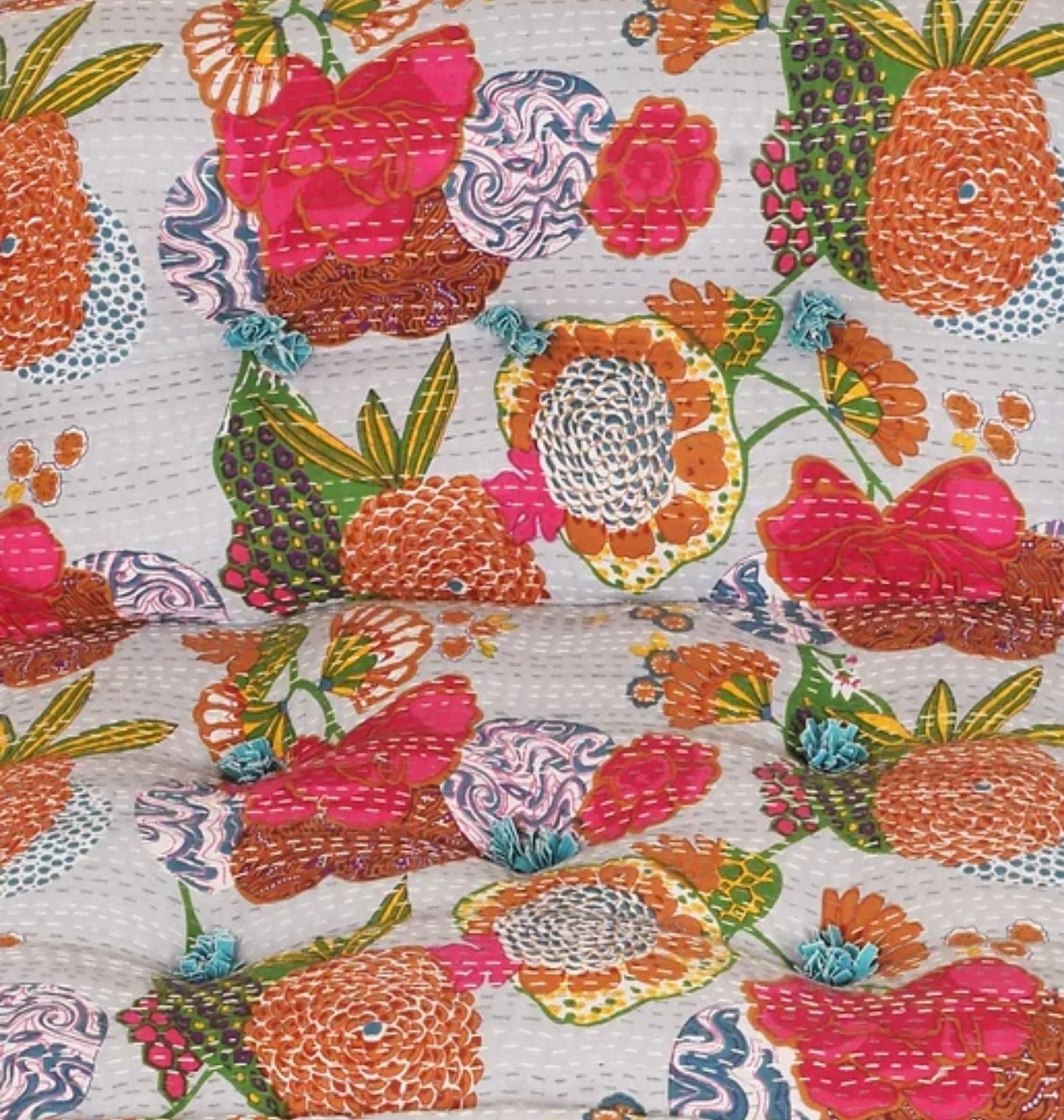 Solid Katha Work Floor Sofa In Multi-Color Print Fabric