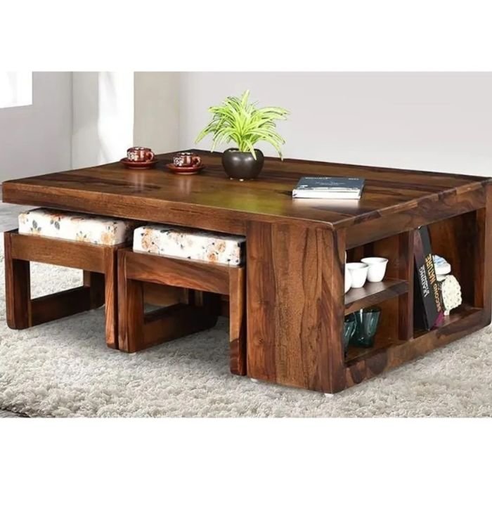 Solid Wood Lower Seating Table With 4 Stool In Square Shape