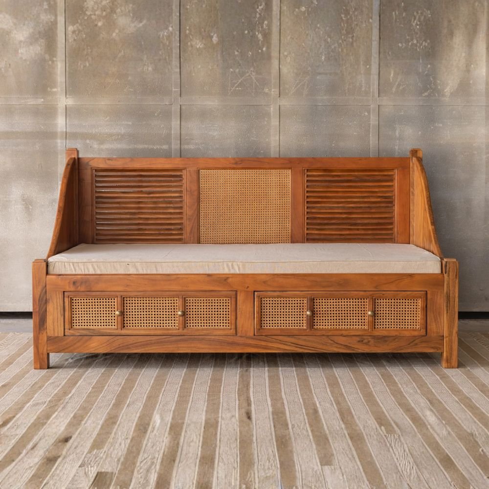 Sand Natural Rattan Day Bed with Storage