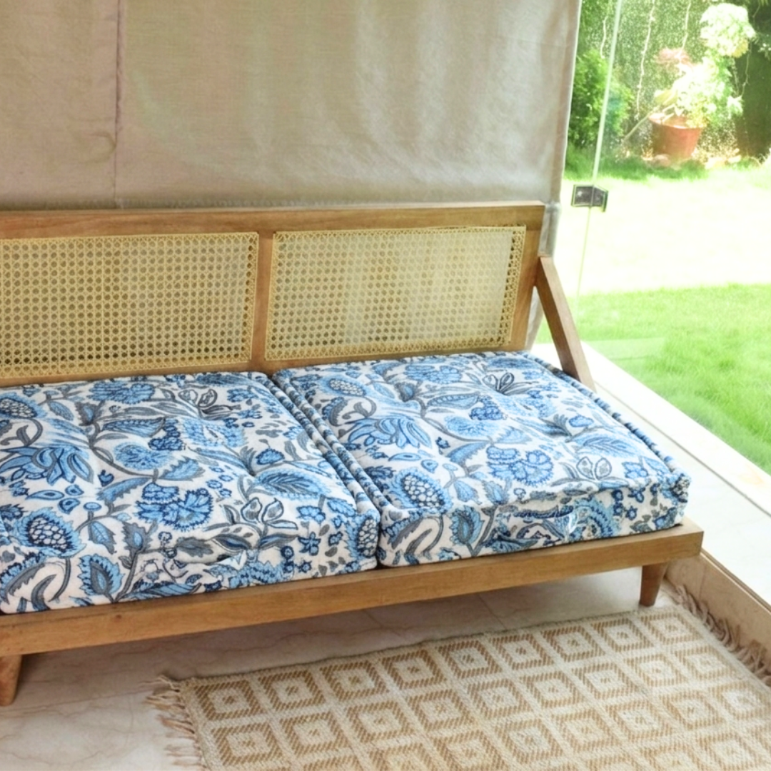 Jaipur Print Urban Escape Rattan Floor Sofa Long Seat In Solid Wood