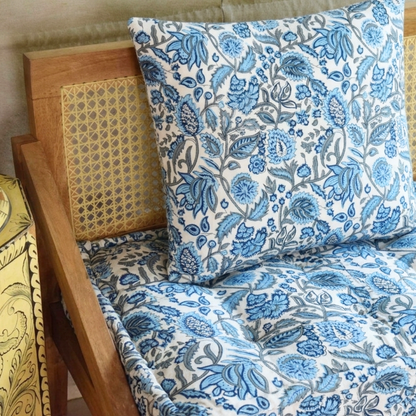 Jaipur Print Urban Escape Rattan Floor Sofa Long Seat In Solid Wood