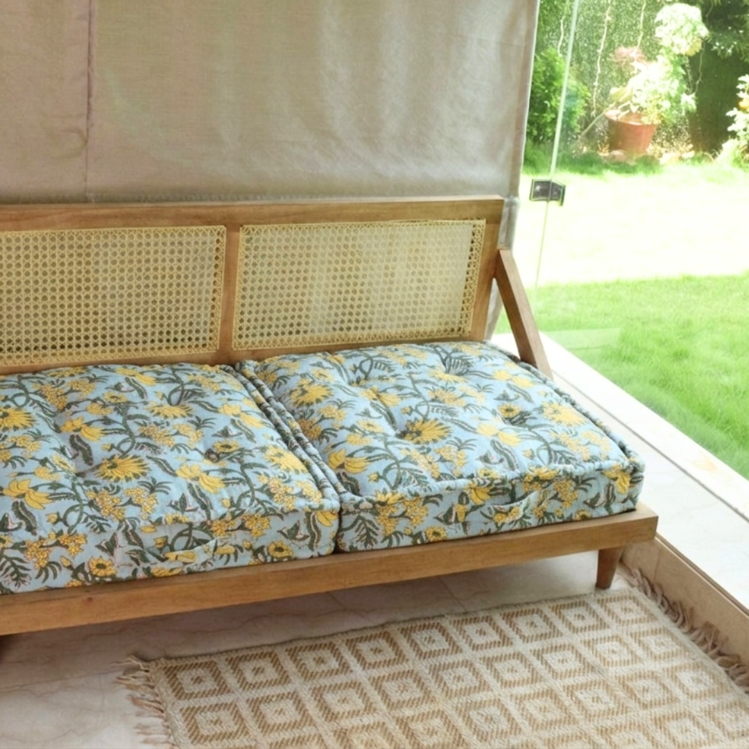 Jaipur Print Urban Escape Rattan Floor Sofa Long Seat In Solid Wood