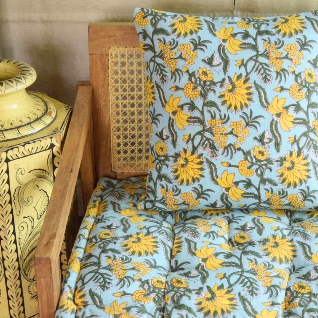 Jaipur Print Urban Escape Rattan Floor Sofa Long Seat In Solid Wood