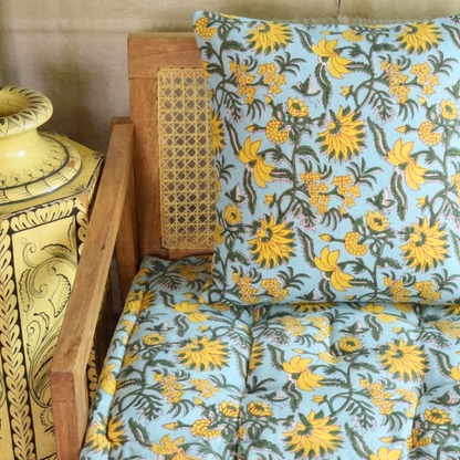 Jaipur Print Urban Escape Rattan Floor Sofa Long Seat In Solid Wood