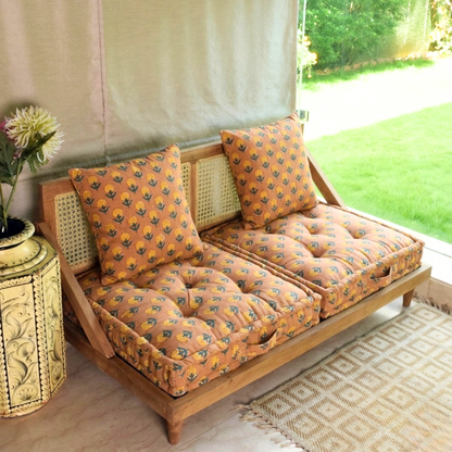 Jaipur Print Urban Escape Rattan Floor Sofa Long Seat In Solid Wood
