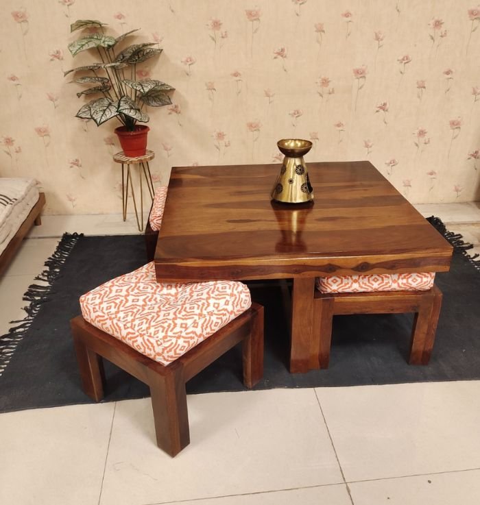 Solid Wood Low Seating Dining Table With 4 Stools