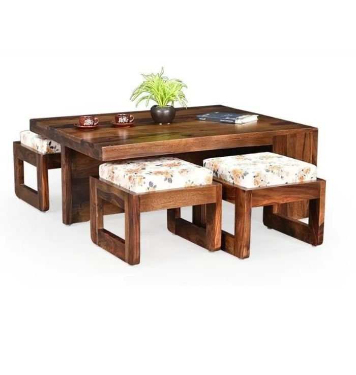Solid Wood Lower Seating Table With 4 Stool In Square Shape