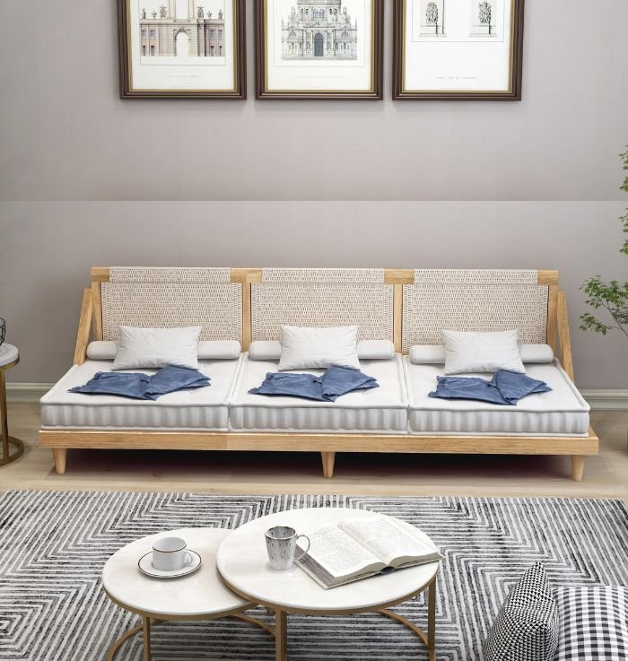 Full Bohemian 6 Seater Wooden Sofa Set ( Grey Cotton )