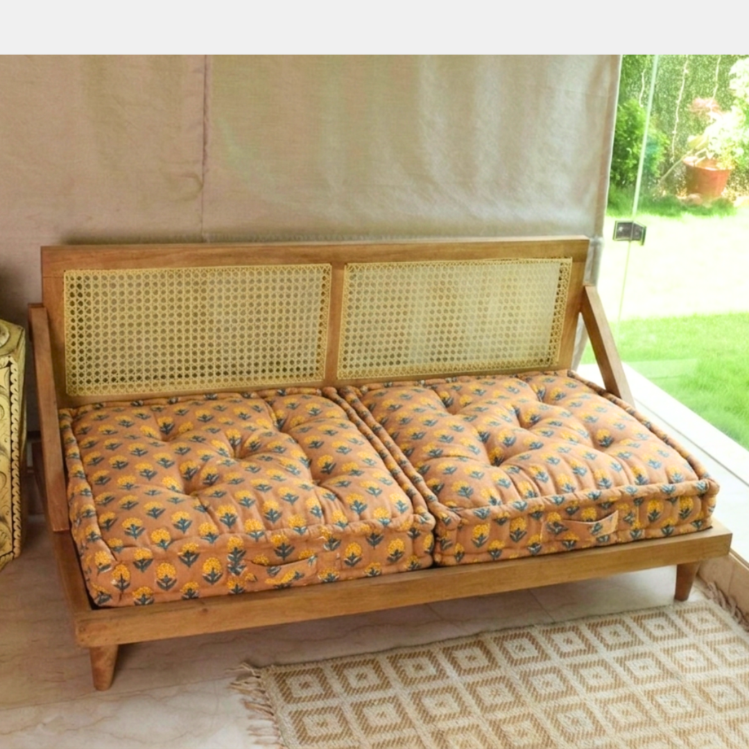 Jaipur Print Urban Escape Rattan Floor Sofa Long Seat In Solid Wood