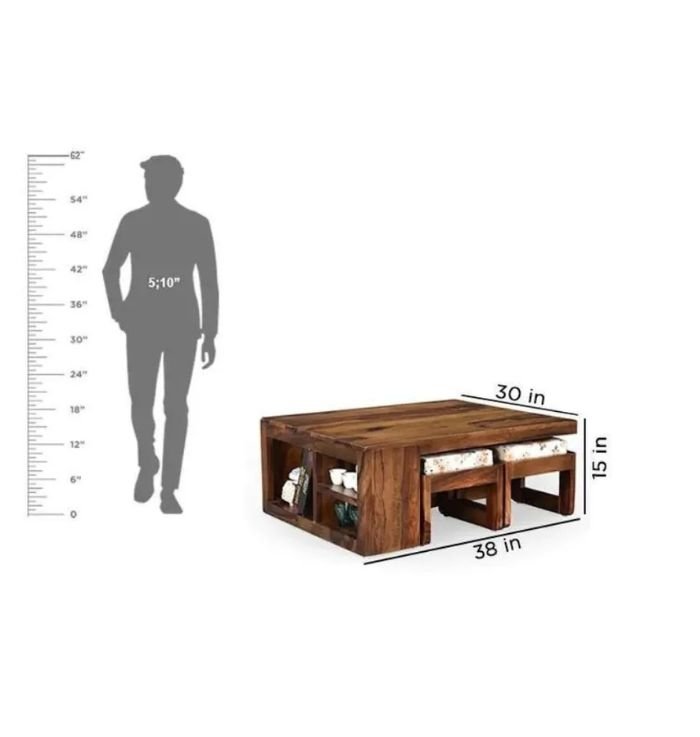 Solid Wood Lower Seating Table With 4 Stool In Square Shape