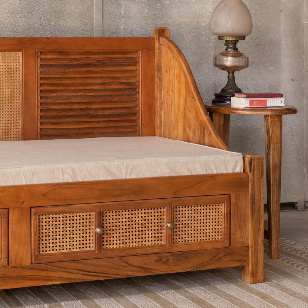 Sand Natural Rattan Day Bed with Storage