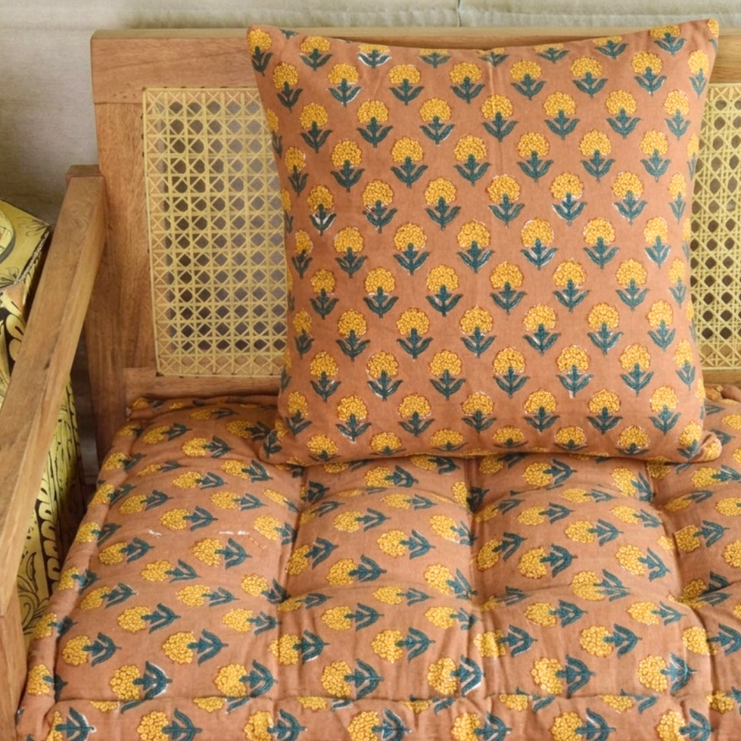 Jaipur Print Urban Escape Rattan Floor Sofa Long Seat In Solid Wood