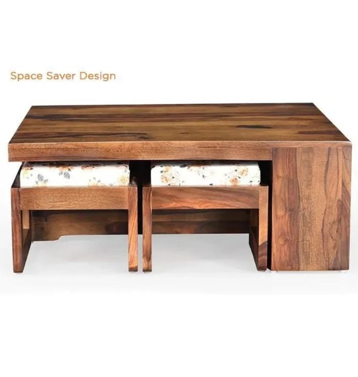 Solid Wood Lower Seating Table With 4 Stool In Square Shape