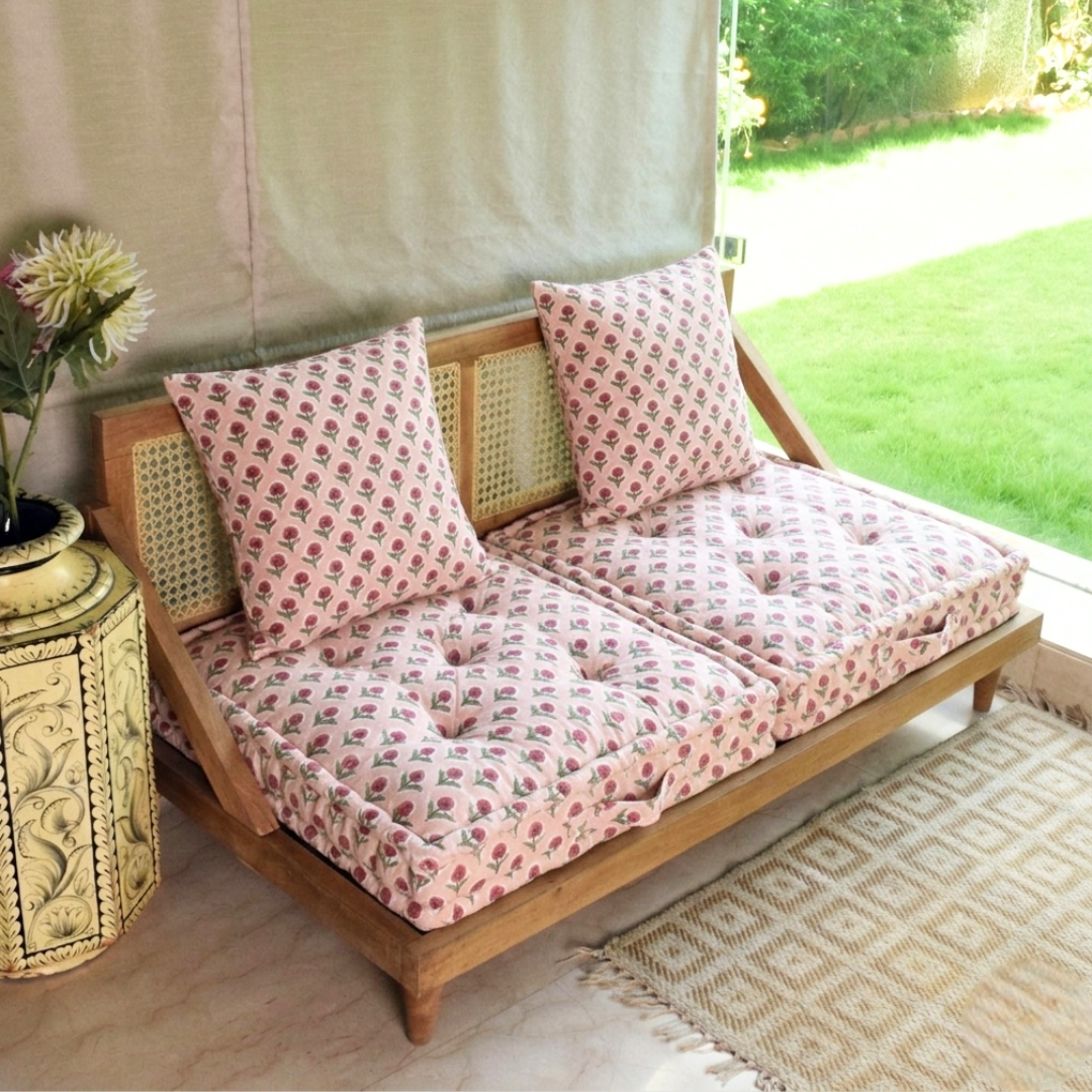 Jaipur Print Urban Escape Rattan Floor Sofa Long Seat In Solid Wood
