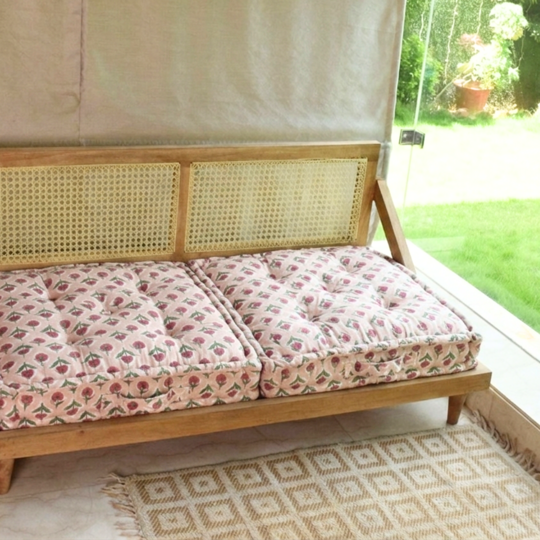 Jaipur Print Urban Escape Rattan Floor Sofa Long Seat In Solid Wood