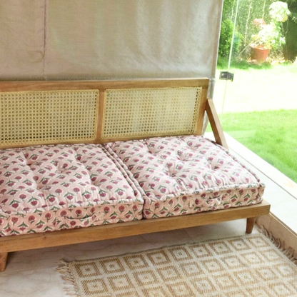 Jaipur Print Urban Escape Rattan Floor Sofa Long Seat In Solid Wood
