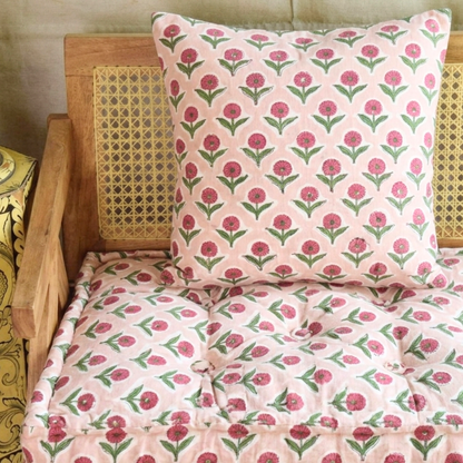 Jaipur Print Urban Escape Rattan Floor Sofa Long Seat In Solid Wood