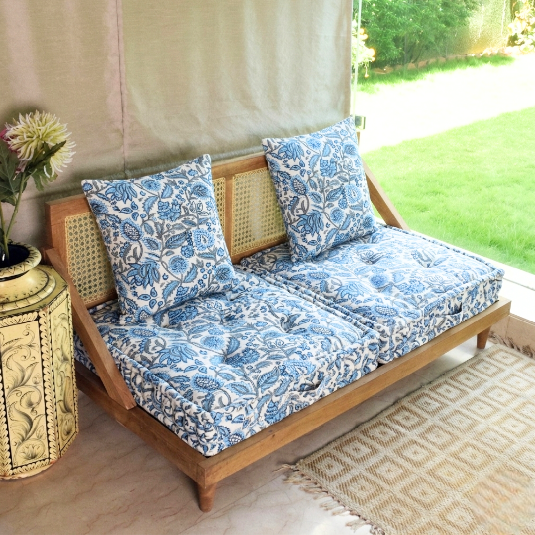 Jaipur Print Urban Escape Rattan Floor Sofa Long Seat In Solid Wood