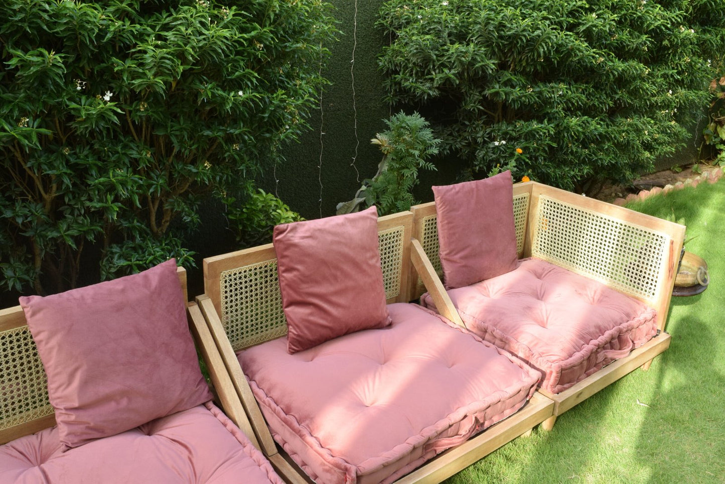 Urban Escape Rattan Velvet  Floor Seating Sofa In Solid Wood