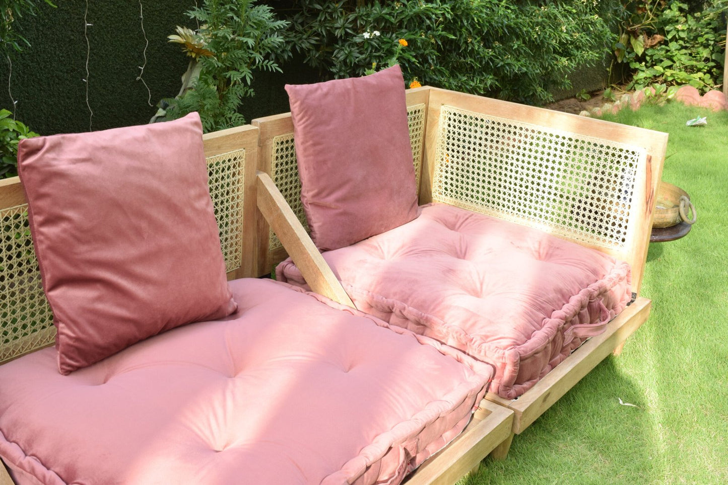 Urban Escape Rattan Velvet  Floor Seating Sofa In Solid Wood