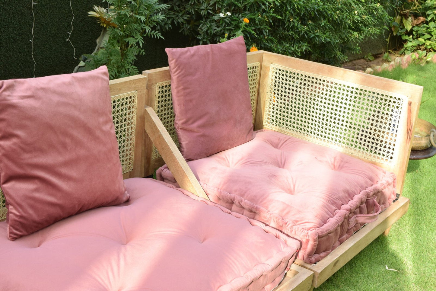 Urban Escape Rattan Velvet  Floor Seating Sofa In Solid Wood