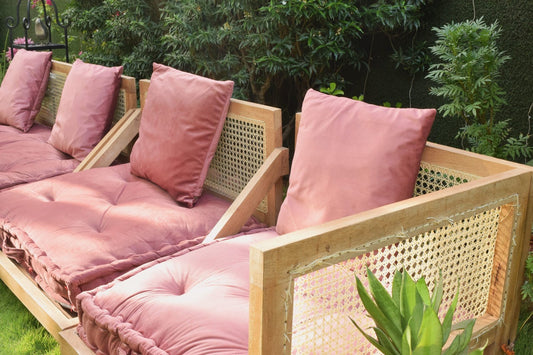 Urban Escape Rattan Velvet  Floor Seating Sofa In Solid Wood