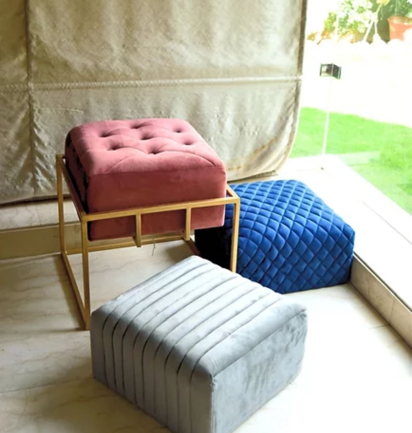 Urban Star Velvet Stool Floor Sofa In Solid Gold Design