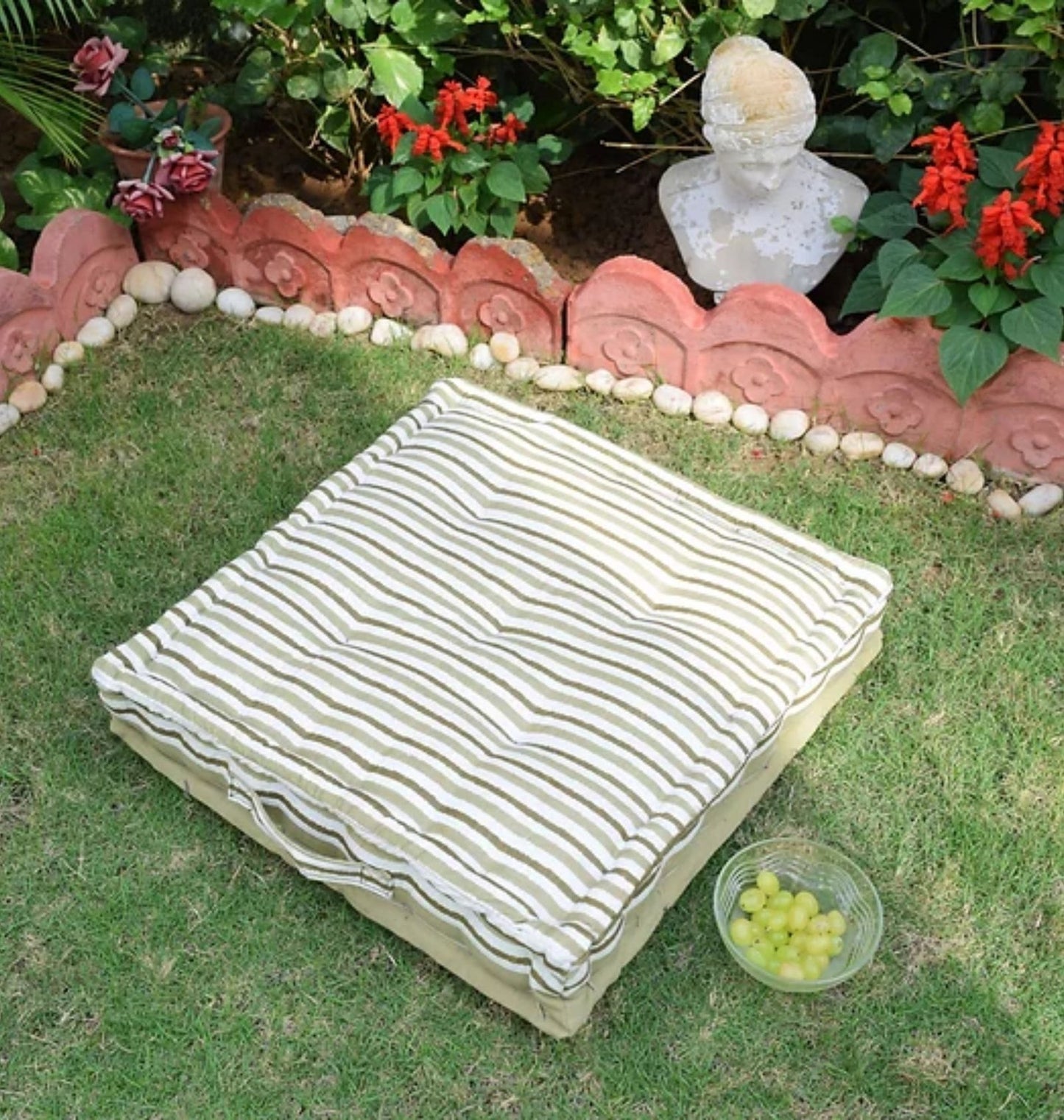Cotton Floor Cushion In Olive Striped Print | Floor Sofa seating