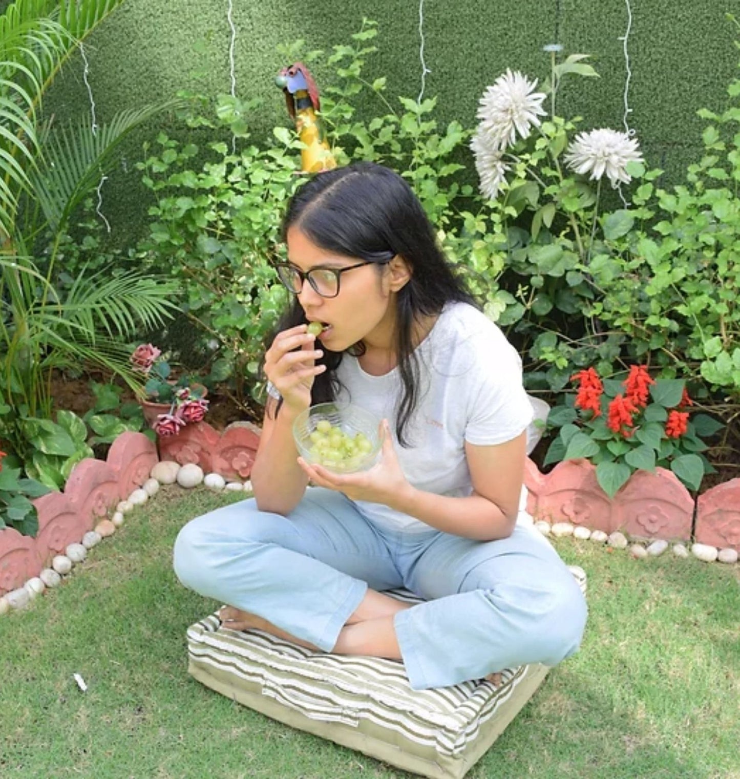 Cotton Floor Cushion In Olive Striped Print | Floor Sofa seating