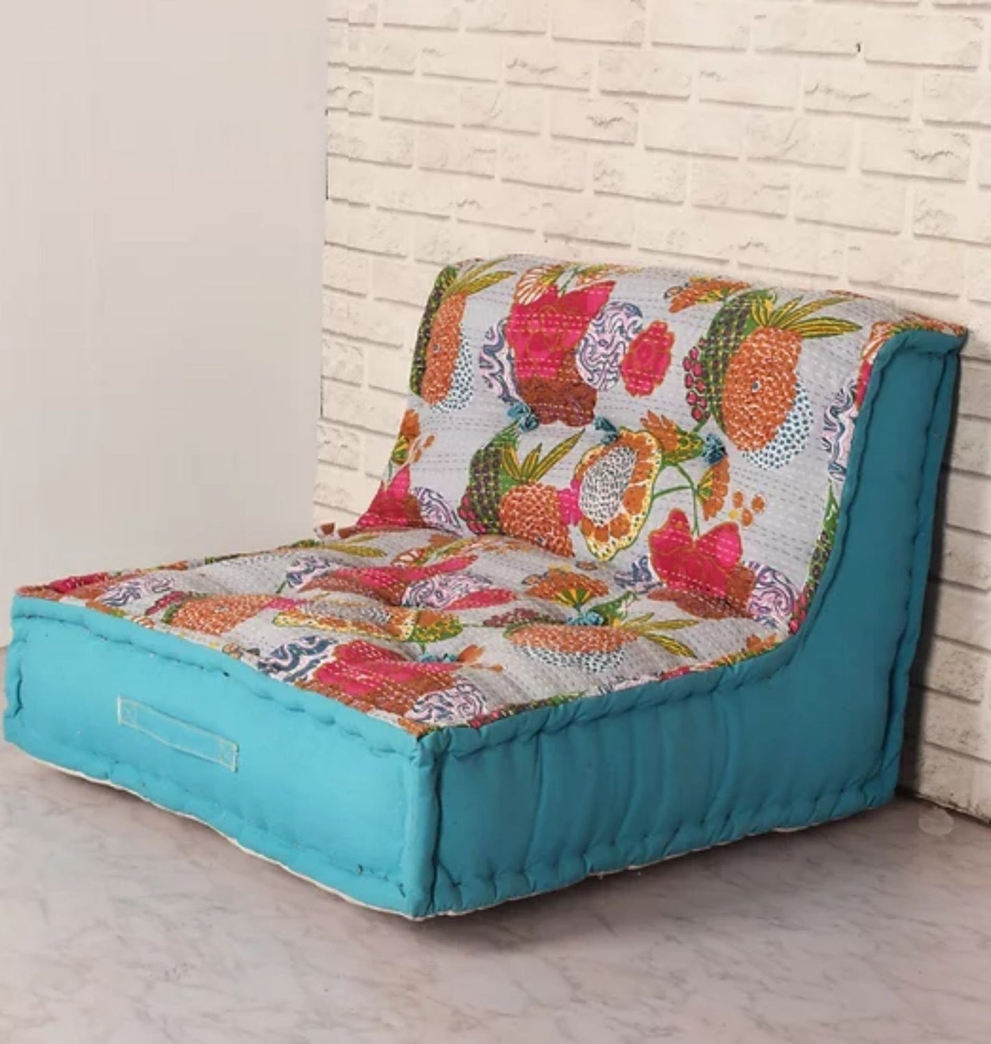 Solid Katha Work Floor Sofa In Multi-Color Print Fabric