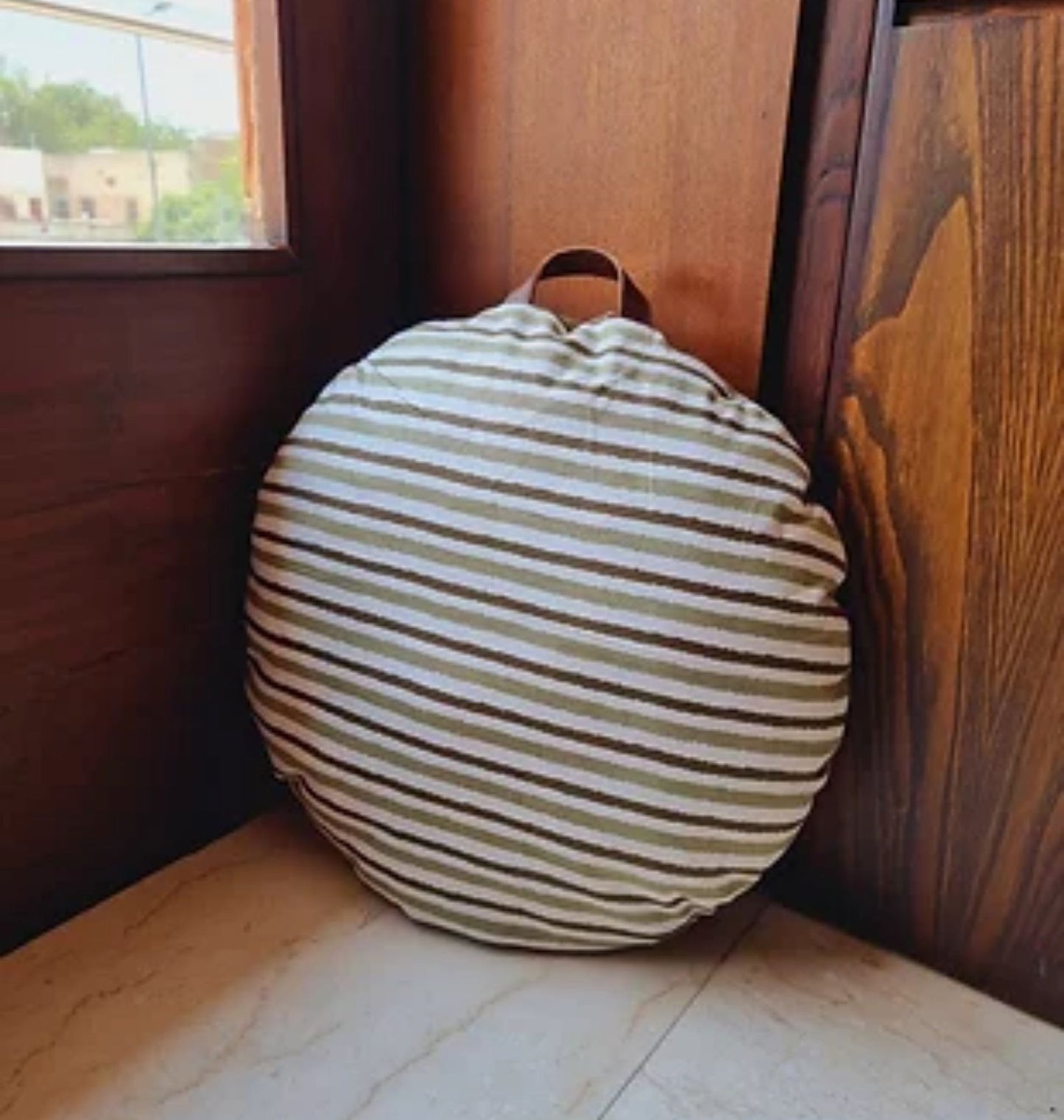 Olive Stripe Circular Cushion In Cotton