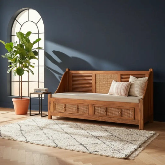 Sand Natural Rattan Day Bed with Storage