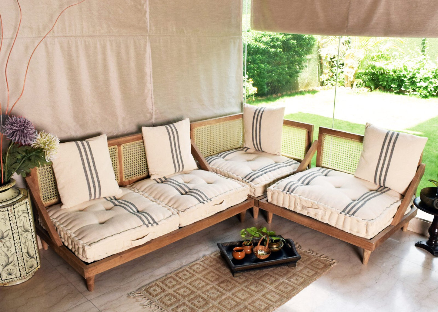 Urban Escape Rattan Floor Sofa Long Seat In Solid Wood