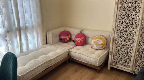 Click to view full screen Solid Pastel Grey Floor Sofa Fit Perfectly In Wooden Pallet photo review